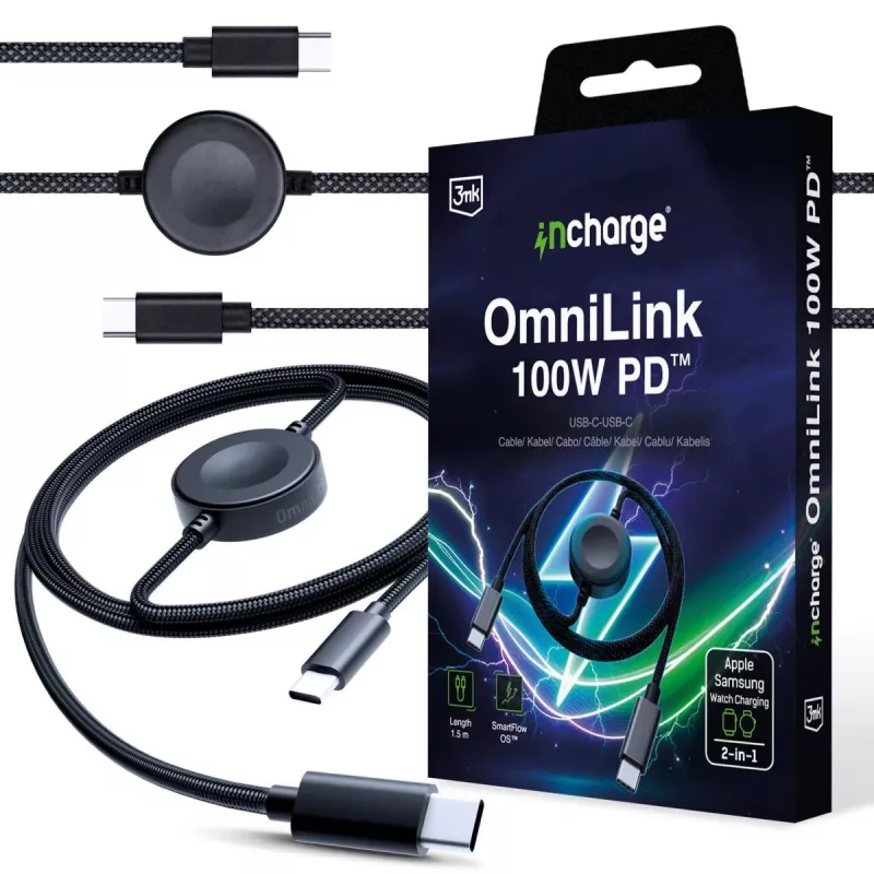 3MK PROTECTION 3mk incharge® OmniLink 100W PD musta 1,5m USB-C - USB-C -kaapeli