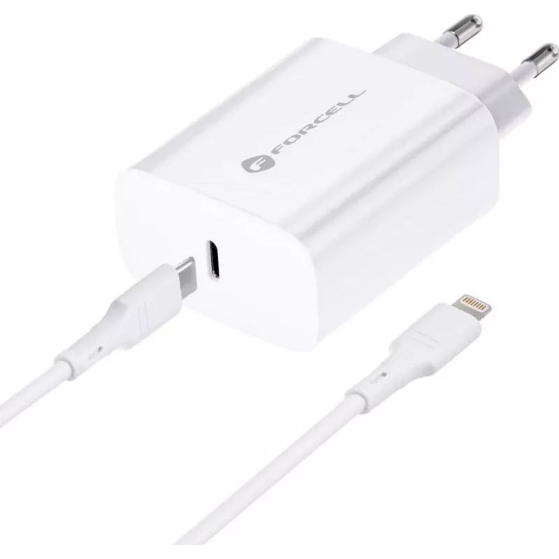 FORCELL F-ENERGY TFK-TC-20WPD USB-C-verkkolaite USB-C-Lightning-kaapelilla, 20W PD QC4.0, 3A, valkoinen