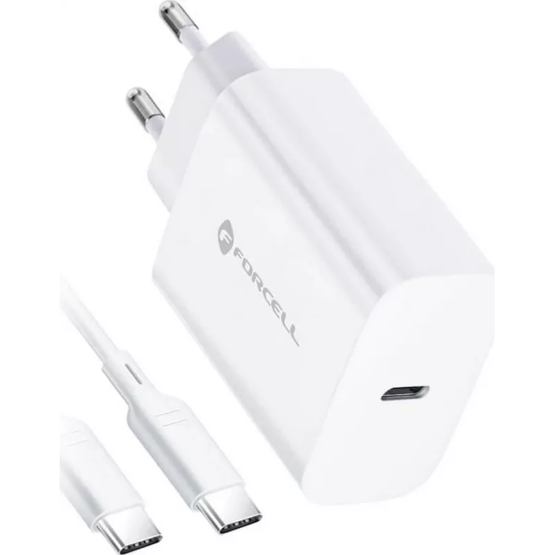 FORCELL F-ENERGY TFK-TC-25WPD USB-C-seinälaturi 25W PD QC 3.0 USB-C-USB-C-kaapelilla 3A valkoinen