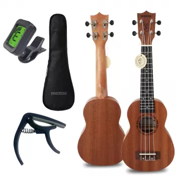 MOZOS GECKO sopraano-ukulelesetti – luonnonpuu, 12 nauhaa, nylonkielet, sis. gigbag, viritin, plektrat, hihna, varakielet, puhdistusliina
