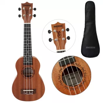 MOZOS GECKO sopraano-ukulelesetti – luonnonpuu, 12 nauhaa, nylonkielet, sis. gigbag, viritin, plektrat, hihna, varakielet, puhdistusliina