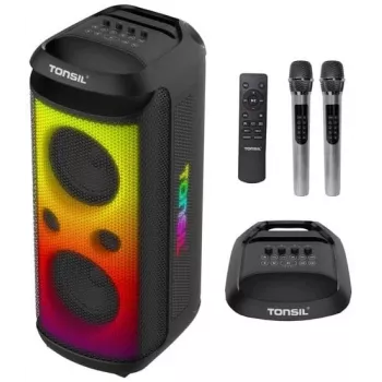 TONSIL Party Dance 1600 kannettava Bluetooth-juhlakaiutin LED-valoilla, karaokella, 1600W PMPO, 80W RMS, 10 tuuman woofer, TWS, FM-radio, mikrofoni ja kaukosäädin