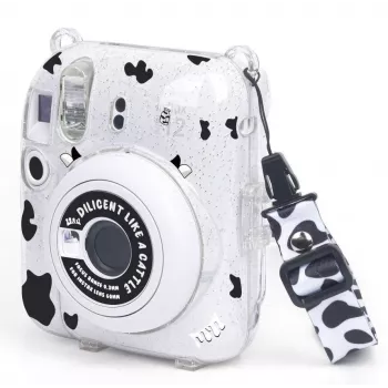 LOVEINSTANT kotelo Fujifilm Instax Mini 12 - lehmänkuvioinen glitter, tarroilla ja valokuvakotelolla