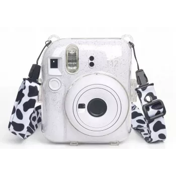 LOVEINSTANT kotelo Fujifilm Instax Mini 12 - lehmänkuvioinen glitter, tarroilla ja valokuvakotelolla