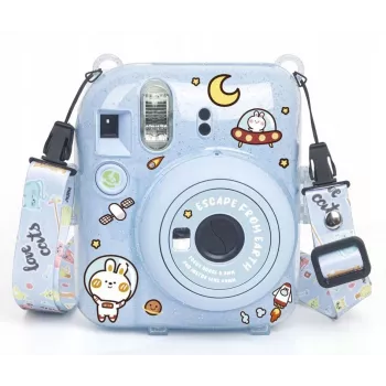 LOVEINSTANT suojakotelo Fujifilm Instax Mini 12 - Escape From Earth, sininen glitter tarroilla ja valokuvakotelolla