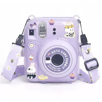 LOVEINSTANT suojakotelo Fujifilm Instax Mini 12 - Sweet Rabbit -kuvio, violetti glitter, tarroilla ja valokuvakotelolla