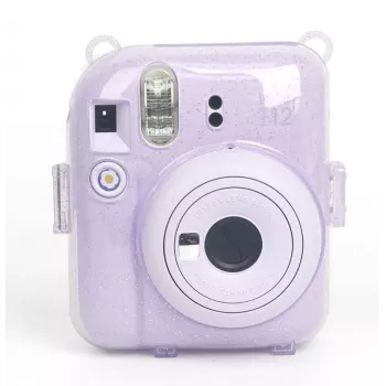 LOVEINSTANT suojakotelo Fujifilm Instax Mini 12 - Sweet Rabbit -kuvio, violetti glitter, tarroilla ja valokuvakotelolla
