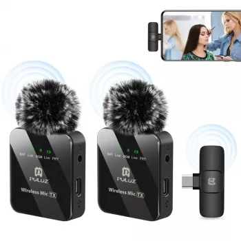 PULUZ PU648B 2x langaton lavalier-mikrofoni USB-C-älypuhelimille, tableteille, kannettaville - 2,4 GHz, omnidirektionaalinen, Plug and Play