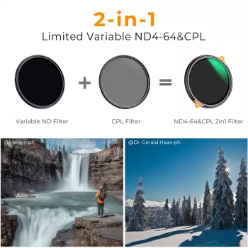 K&F Concept Hybrid-suodatin 2-in-1 58mm CPL-polarisaattori + säädettävä ND4-ND64 harmaasuodatin KF01.1913