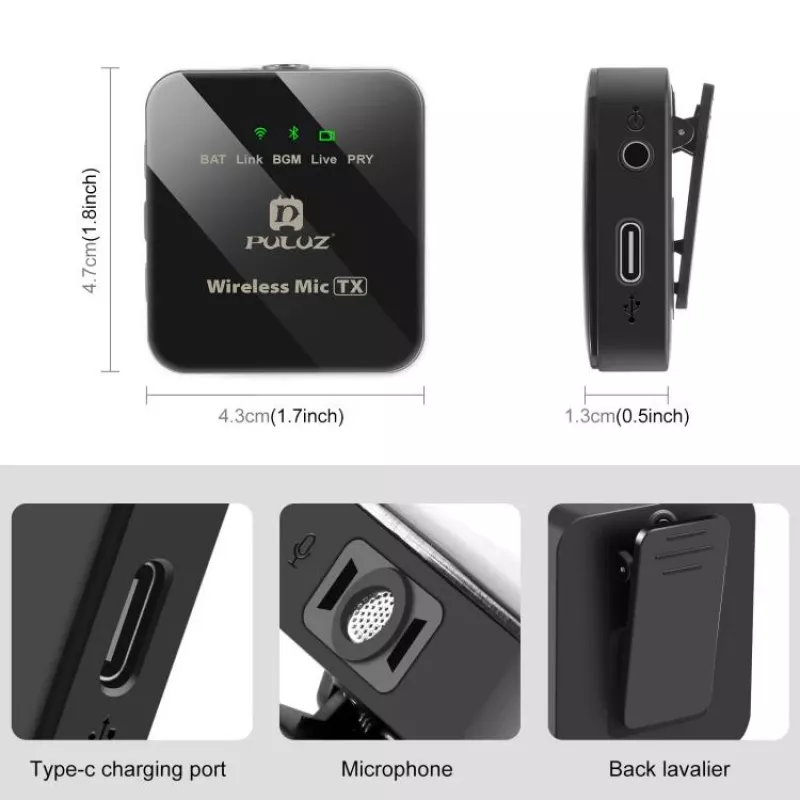 PULUZ PU3153B langaton Bluetooth-mikrofoni 3,5mm TRS/TRRS puhelimelle kameralle