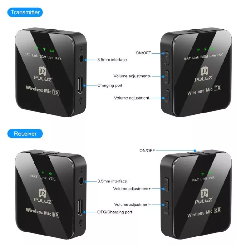 PULUZ PU3153B langaton Bluetooth-mikrofoni 3,5mm TRS/TRRS puhelimelle kameralle