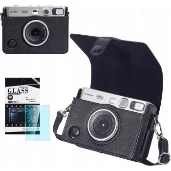 LOVEINSTANT 2-in-1 suojakotelo ja karkaistu näytönsuojalasi -sarja Fujifilm Instax Mini Evo - musta