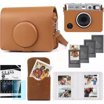 LOVEINSTANT 5-in-1 -sarja: suojakotelo + karkaistu lasi + 64 taskun valokuva-albumi + valokuvapussi + kehykset Fuji Instax Mini Evo / ruskea