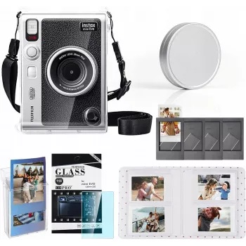LOVEINSTANT 6-in-1 -sarja: läpinäkyvä kova kuori + karkaistu lasisuoja + 64 taskun valokuva-albumi + objektiivinsuojus + valokuvakehykset + olkahihna Fujifilm Instax Mini Evo