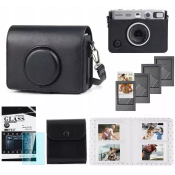 LOVEINSTANT 5-in-1 -sarja: kotelo + karkaistu lasi + 64 taskun albumi + valokuvapussi + kehykset Fuji Instax Mini Evo / musta