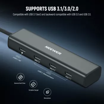 NEEWER PS020E USB-C-hubi 4-in-1, 5x USB-C 10Gbps 100W PD, kylmäkenkäkiinnike ja 1/4 tuuman kierre