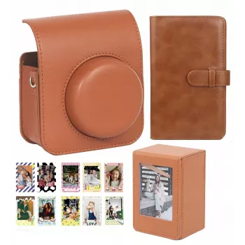 LOVEINSTANT 4-in-1 sarja: kamerakotelo, valokuva-albumi, säilytysrasia, tarrat Fuji Instax Mini 41 -kameraan - ruskea