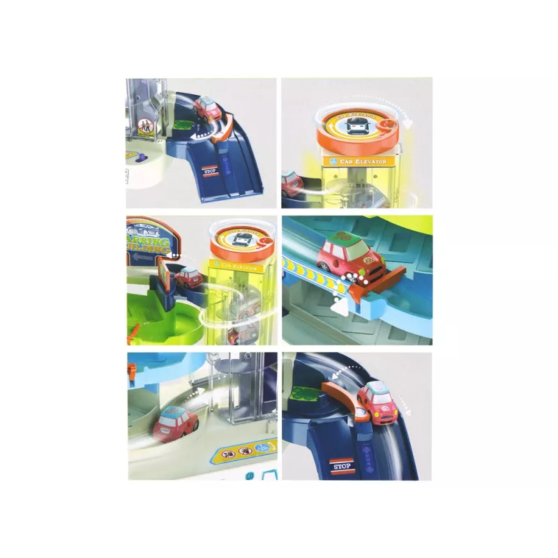 LEAN TOYS interaktiivinen monikerroksinen pysäköintitalo autoille, valot ja äänet