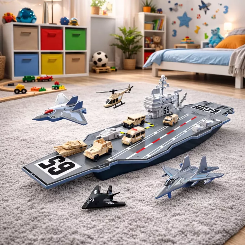 LEAN TOYS Suuri lentotukialus hävittäjillä, tankeilla ja ajoneuvoilla 70 cm