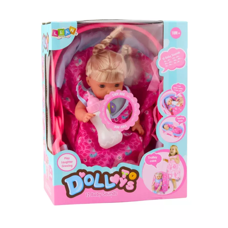LEAN TOYS Vauvanukke kantoliinassa tuttipullolla, tutilla, puhuu, jokeltaa, pissaa