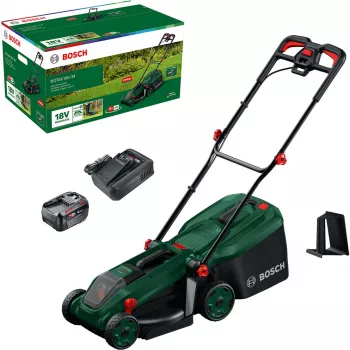 Bosch Rotak 18V-34 akkuruohonleikkuri aloituspakkauksella ja silppuamistulpalla (C)
