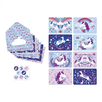 Janod Dreamland Unicorn kirjoitustarvikesarja 40 osaa - kutsut, kiitoskortit, kirjekuoret, tarrat, kynä