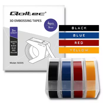 Qoltec 4 kpl kohokuvionauhoja DYMO Omega -laitteeseen | 9mm x 3m | 4 väriä | itseliimautuva