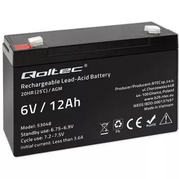 Qoltec AGM-akku 6V 12Ah huoltovapaa LongLife UPS-laitteisiin, vaakoihin, kassakoneisiin