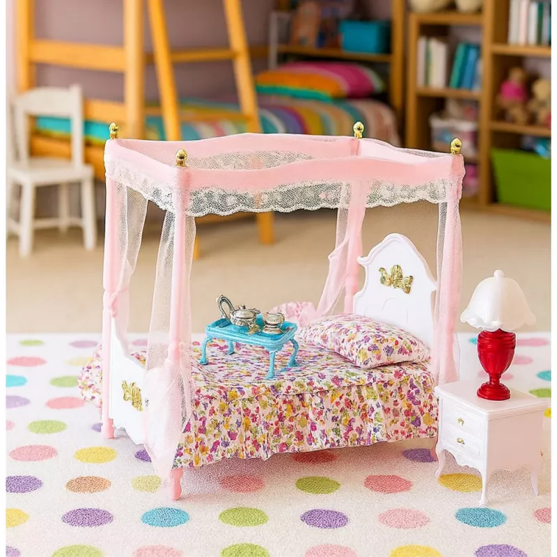 LEAN TOYS nukenhuonekalusetti: pylvässänky, yöpöydät, lamput
