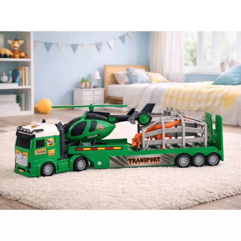 LEAN TOYS dinosaurusten kuljetussetti: kuorma-auto, hinausauto, helikopteri, valot, ääni