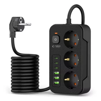 TECH-PROTECT PC3X6 virtapistorasia 3 USB & 3 Type-C & 3 pistorasiaa 200cm musta