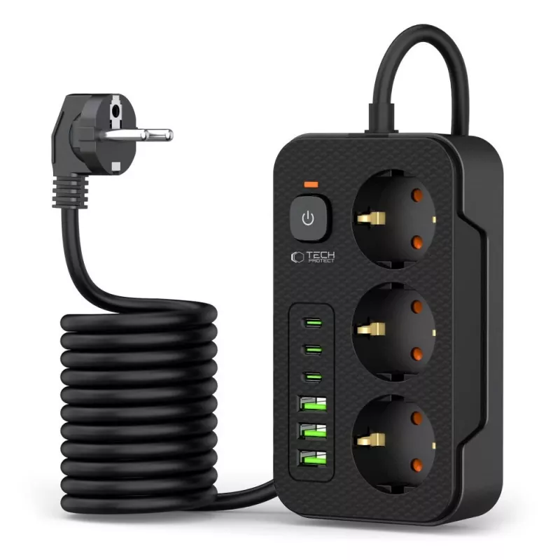 TECH-PROTECT PC3X6 virtapistorasia 3 USB & 3 Type-C & 3 pistorasiaa 200cm musta