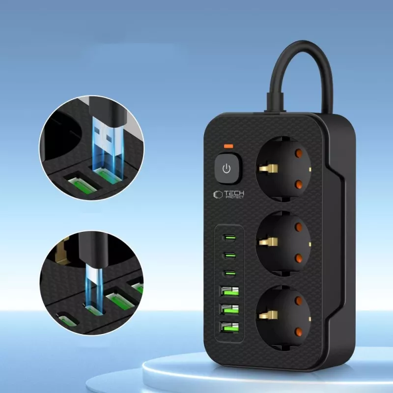 TECH-PROTECT PC3X6 virtapistorasia 3 USB & 3 Type-C & 3 pistorasiaa 200cm musta