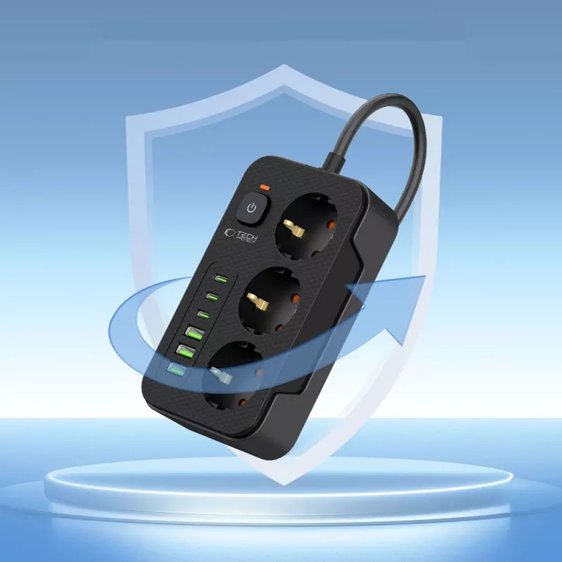 TECH-PROTECT PC3X6 virtapistorasia 3 USB & 3 Type-C & 3 pistorasiaa 200cm musta