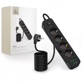 TECH-PROTECT PCL4X3 jatkojohto pitkä 2 USB & 1 Type-C & 4 pistorasiaa 200cm musta