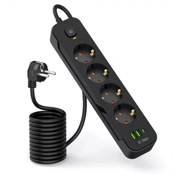 TECH-PROTECT PCL4X3 jatkojohto pitkä 2 USB & 1 Type-C & 4 pistorasiaa 200cm musta