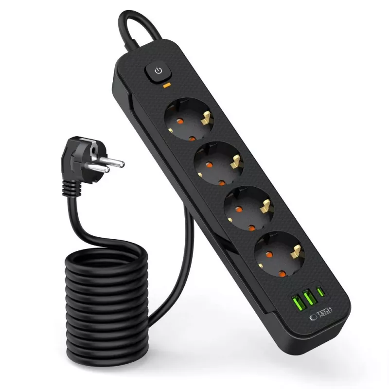 TECH-PROTECT PCL4X3 jatkojohto pitkä 2 USB & 1 Type-C & 4 pistorasiaa 200cm musta