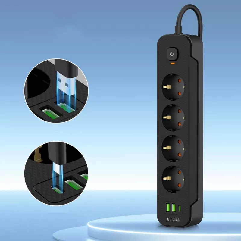 TECH-PROTECT PCL4X3 jatkojohto pitkä 2 USB & 1 Type-C & 4 pistorasiaa 200cm musta