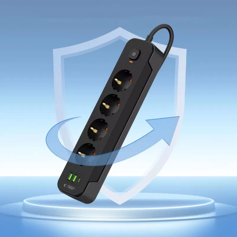 TECH-PROTECT PCL4X3 jatkojohto pitkä 2 USB & 1 Type-C & 4 pistorasiaa 200cm musta
