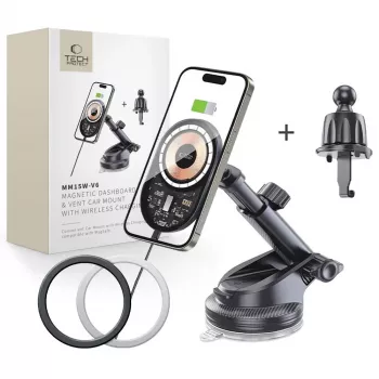 TECH-PROTECT MM15W-V6 magneettinen MagSafe kojelaudan ja ilmanvaihdon autoteline langaton laturi 15W musta/sisusta