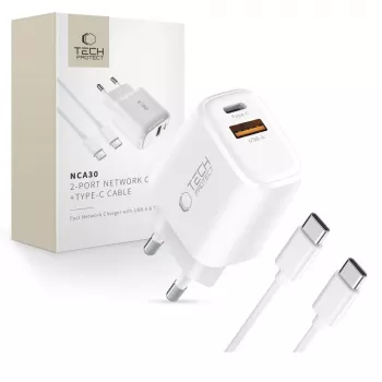 TECH-PROTECT NCA30 2-porttinen verkkolaturi PD 30W / QC3.0 + USB-C-kaapeli valkoinen