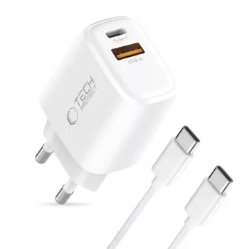 TECH-PROTECT NCA30 2-porttinen verkkolaturi PD 30W / QC3.0 + USB-C-kaapeli valkoinen