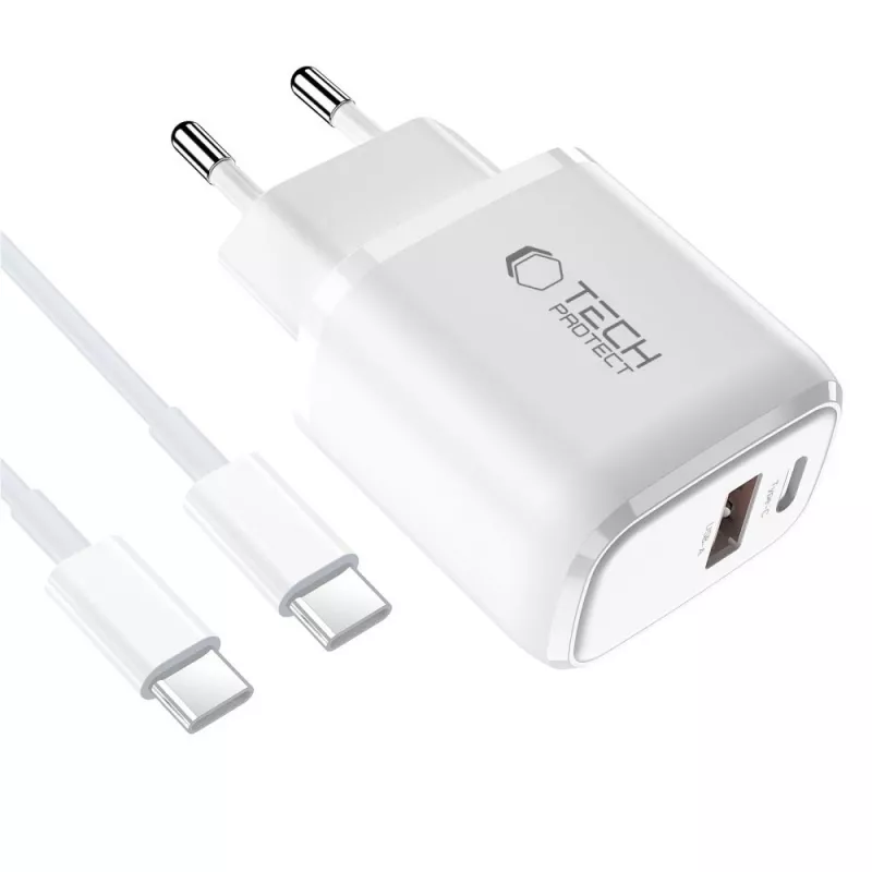 TECH-PROTECT NCA30 2-porttinen verkkolaturi PD 30W / QC3.0 + USB-C-kaapeli valkoinen