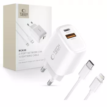 TECH-PROTECT NCA30 2-porttinen verkkolaturi PD 30W / QC3.0 + Lightning-kaapeli valkoinen