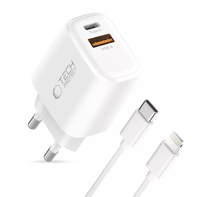 TECH-PROTECT NCA30 2-porttinen verkkolaturi PD 30W / QC3.0 + Lightning-kaapeli valkoinen