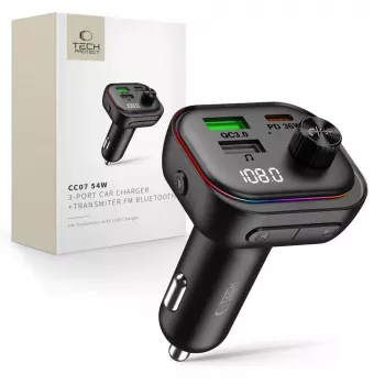 Tech-Protect CC07 3-porttinen autolaturi PD 54W + FM-lähetin Bluetooth musta