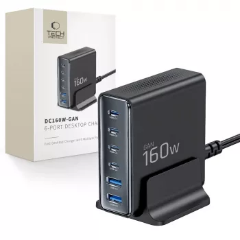 TECH-PROTECT DC160W-GAN 6-porttinen pöytälaturi PD 160W / QC3.0 musta