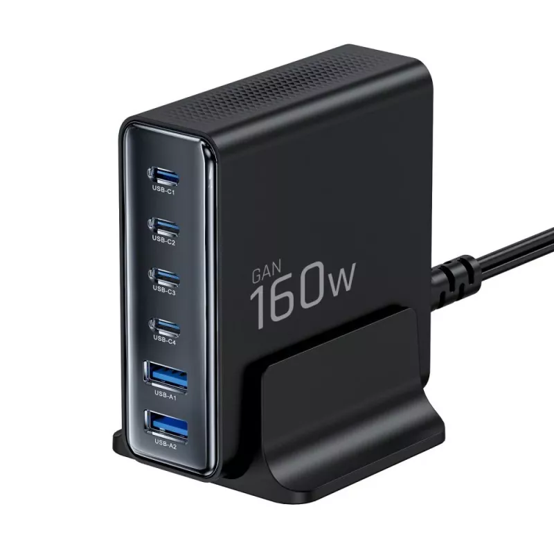 TECH-PROTECT DC160W-GAN 6-porttinen pöytälaturi PD 160W / QC3.0 musta