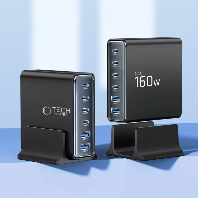 TECH-PROTECT DC160W-GAN 6-porttinen pöytälaturi PD 160W / QC3.0 musta
