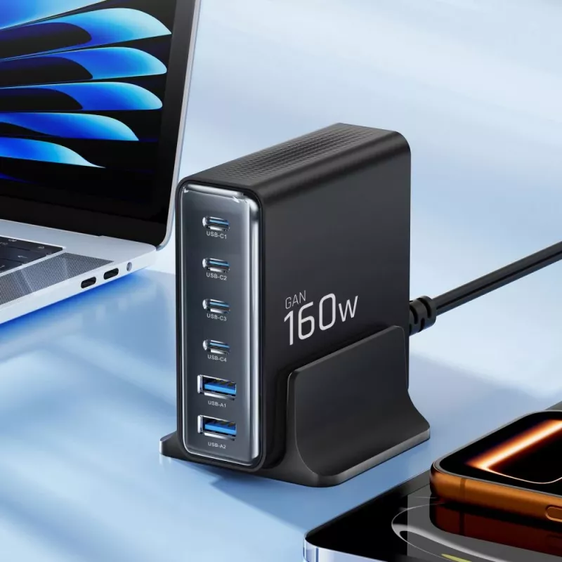 TECH-PROTECT DC160W-GAN 6-porttinen pöytälaturi PD 160W / QC3.0 musta